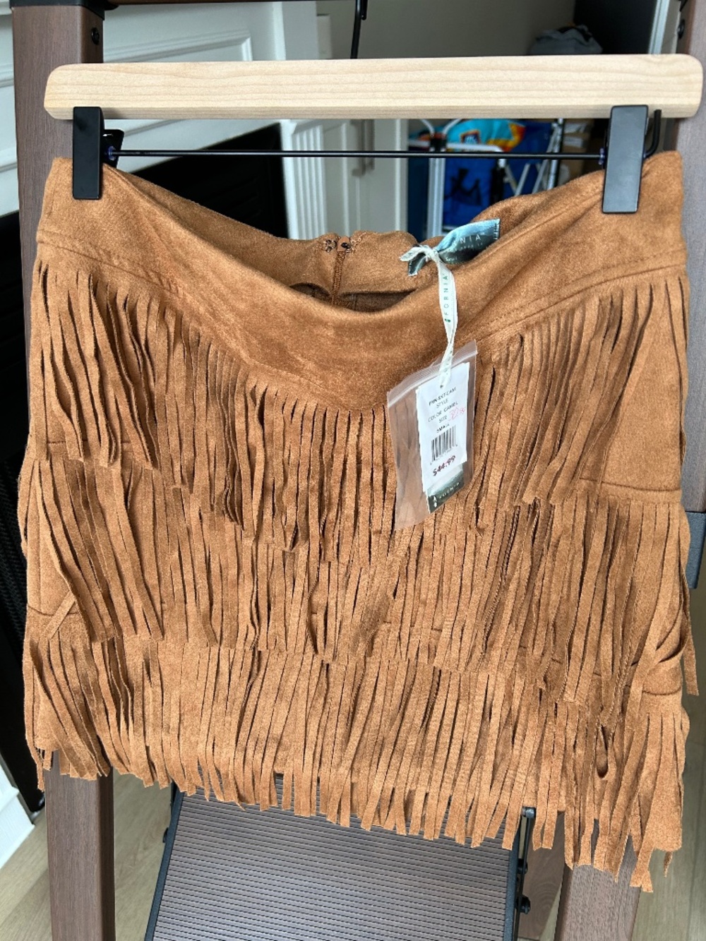 Fornia Faux-suede Camel Fringe mini skirt